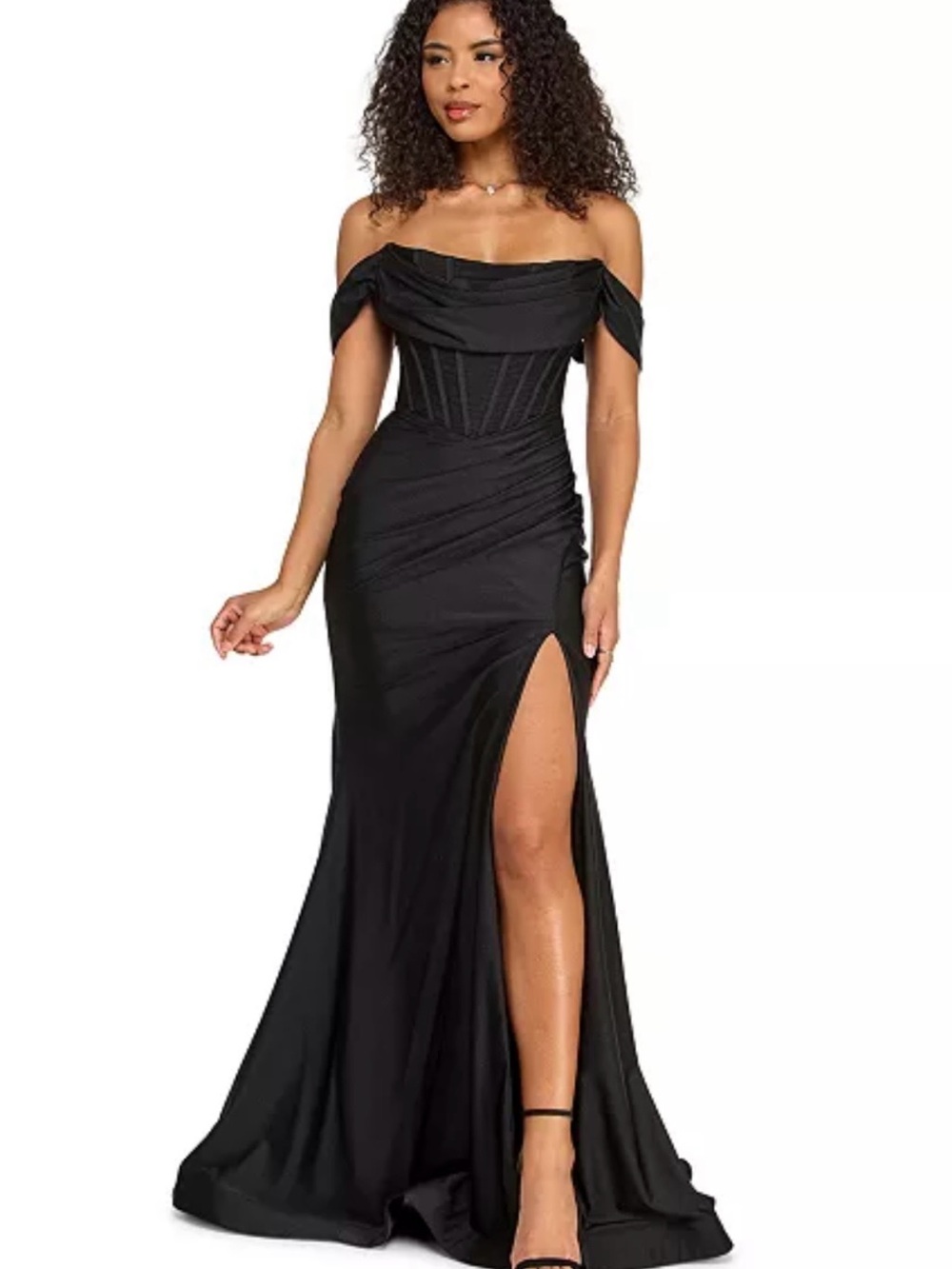 NEVER WORN Off-Shoulder Black Evening Gown with High Slit